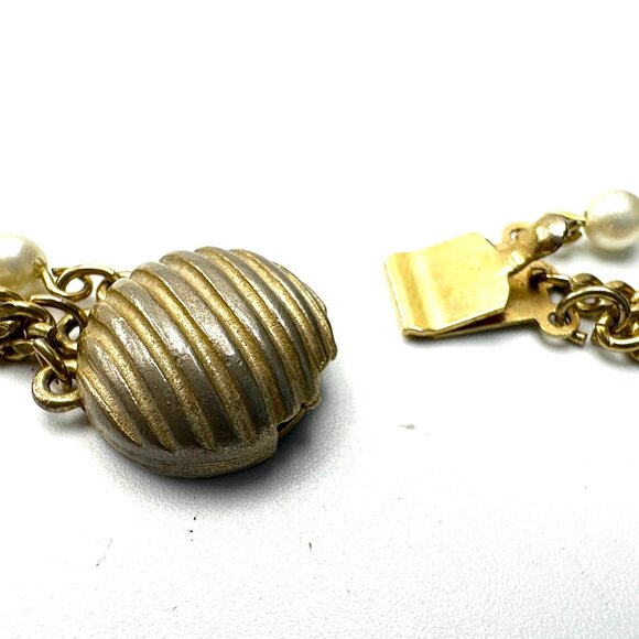 Long 47" Triple-Strand Gold & Pearl Necklace — Vintage 1960s-70s Elegance – EUC - Picture 5 of 8